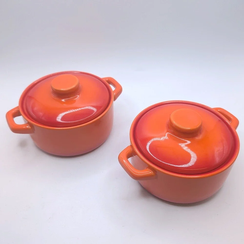 Set 2 Kiln by FOH Mini Cocotte Casserole Dishes Orange Ombre Flame Stoneware 4in